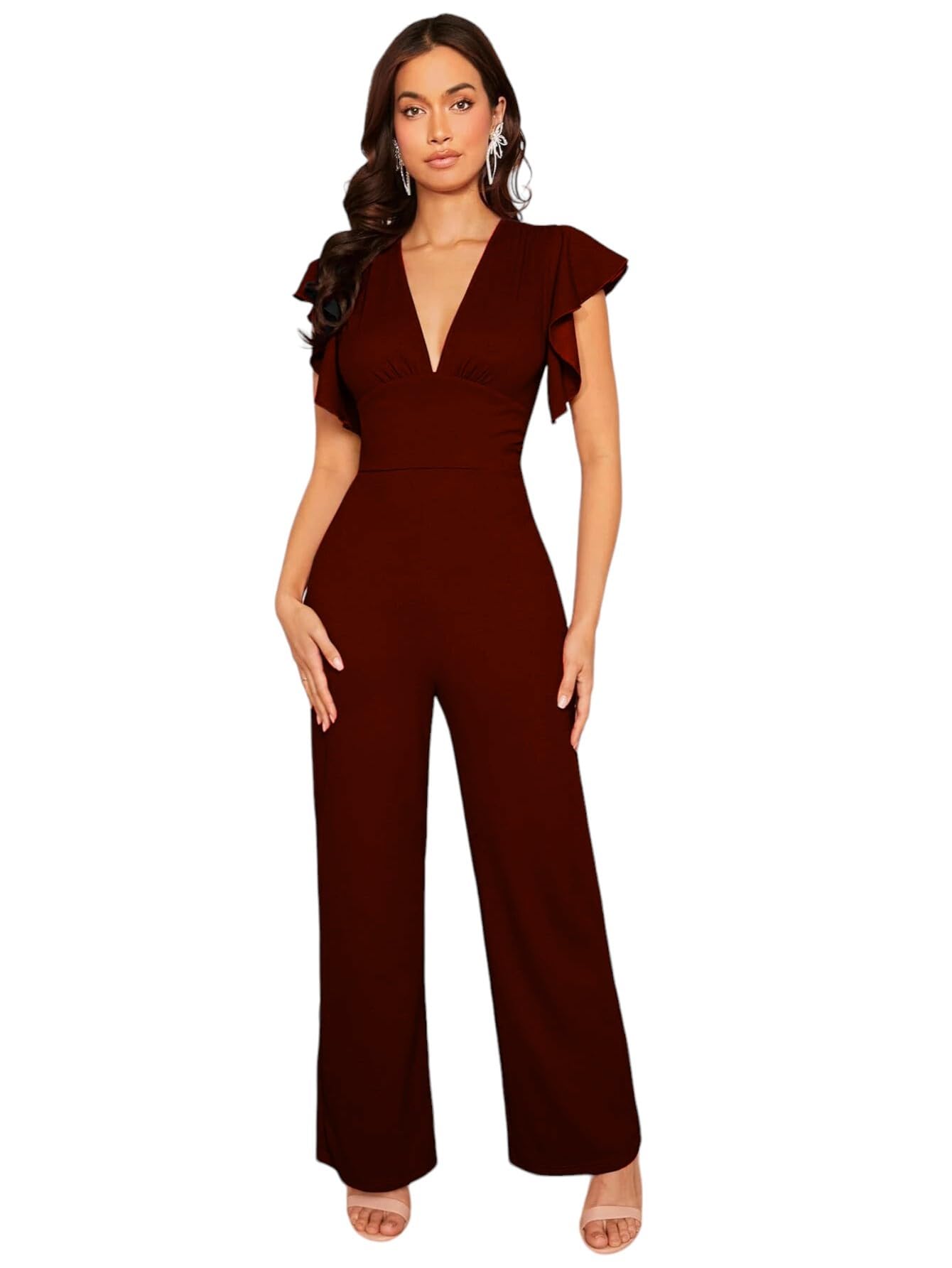 Casual Flounce Cap Sleeves Deep V-Neck Solid Pleated Jumpsuit for Girls/Women | Stretchy, Soft & Breathable | Slim Fit