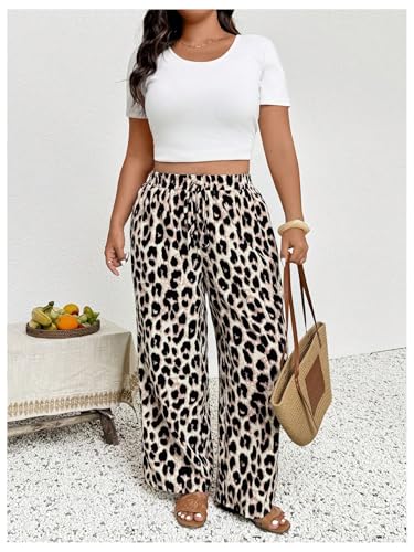 Floerns Women's Plus Size Cheetah Straight Leg Pants Drawstring Waist Y2k Long Trousers4