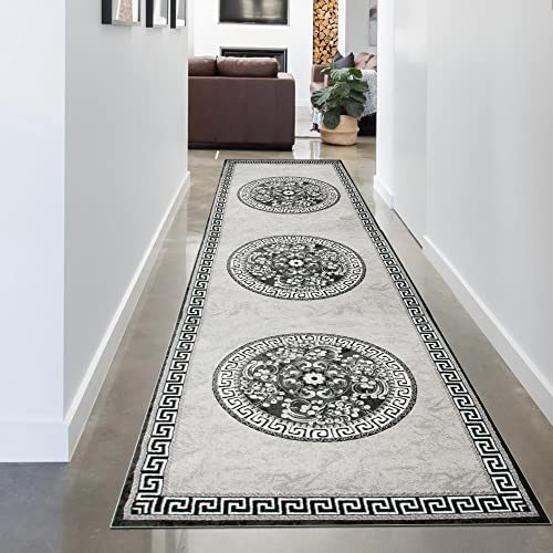 CARPETIA Orientalischer Teppich BRÜCKENLÄUFER mit Bordüre & Glitzergarn | Oeko-TEX | Creme grau...