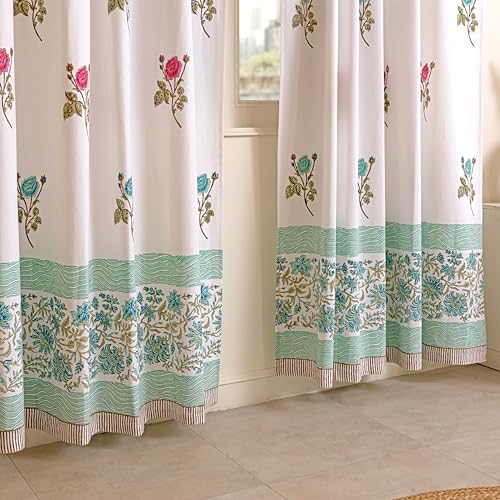 Image of LINENWALAS Decorative Printed Cotton Semi Sheer Curtains 7 Feet Long Set of 2 Panel, Eyelet Ring Hanging, Rose Symphony Curtains for Children Room, Living Room, Home Decor (L-7 x W-4.5 Feet)