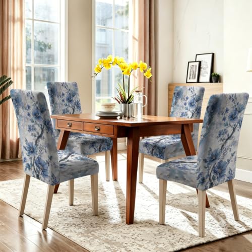 Image of Vintage Blue Floral Dining Chair Covers Set of 4 for Dining Room