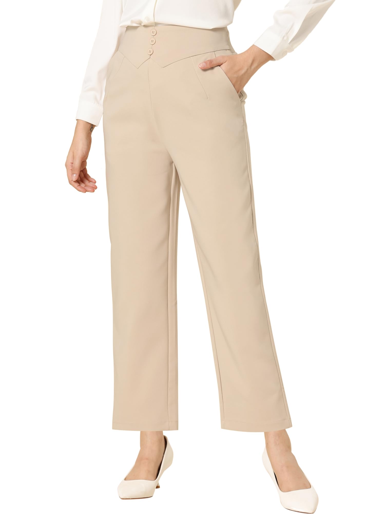 Allegra K Elegant Business Pants for Womens Elastic Waist Button Decor Straight Leg Work Trousers