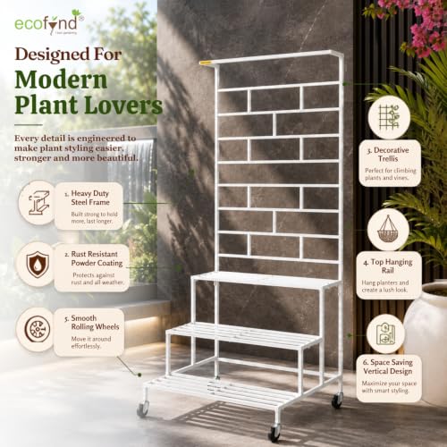 Image of ecofynd Eden Plant Stand with Wheels for Outdoor Balcony, Flower Stand for Indoor Plants, Large Metal Planter Stand for Living Room, Home Decor, Indoor & Outdoor Plants, 4 Tier (PS058-WHT-WHEL)