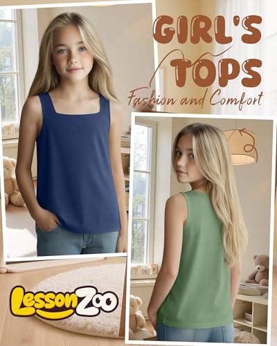 Image of 3 Pack Girls Square Neck Tank Tops | Basic, Sleeveless T-Shirts, Casual Summer Tanks, Kids Undershirts, School, Size 5-14 Years, Comfy, Elasticity
