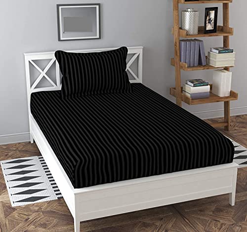 Image of KAWI Satin Polycotton Elastic Fitted Bedsheet Single Bed(72 X 48 X Up To 6 Inches Mattress Size)-Black 1,200 TC