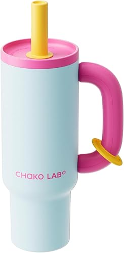 CHAKO LAB BaWang - Vaso aislado de acero inoxidable Vaso con asa y popote de 33 onzas, apto para portavasos para viajes, botella de agua a prueba