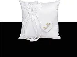 COSLANLEE Almofada de anel de casamento, almofada de anel, laço floral de renda branca e caixa de suporte de anel de coração para cerimônia de casamento 19,8 x 19,8 cm
