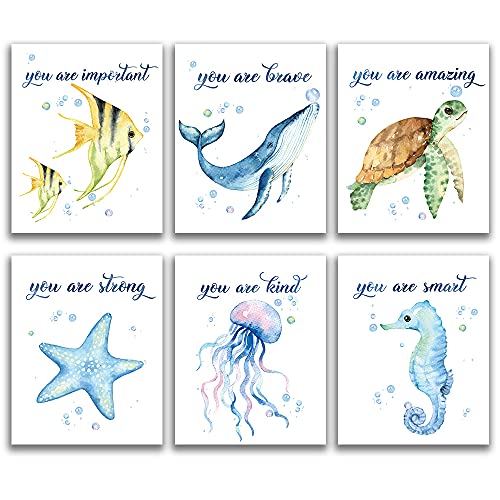Image of Sea Marine Life Art Print Set of 4 (8”X10”), Inspirational Words Texture of Dreams Wall Poster for Boy Girl Room, Watercolor Nursery Blue Ocean Theme Kids Room Wall Poster Positive Affirmations Kids Wall Hanging Decor Unframed
