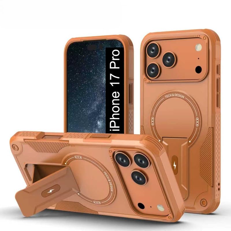 Back Cover for iPhone 17 Pro with Portable Kickstand | Mag-Safe Compatible Magnetic Case | Shockproof Military Grade Protection | Extreme Protection Phone Cover – Orange