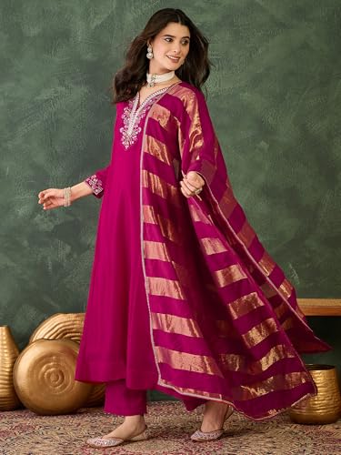 Image of Naixa Women's Vichitra Silk Embroidered Straight Kurta with Pant And Dupatta Sets (NX-823)