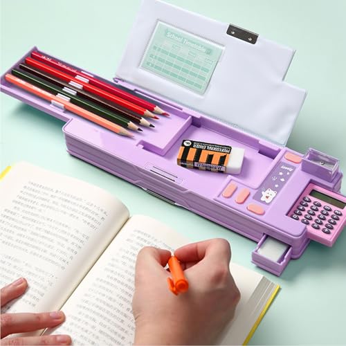 Image of Pop Up Multifunction Pencil Case, Cute Cartoon Pen Box Organizer Stationery with Calculators, Sharpener, Schedule, School Supplies, Best Birthday Gifts for Kids Teens (Purple)