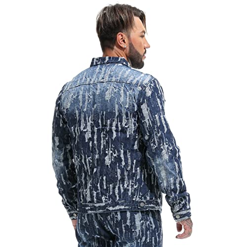 Image of RANMCC Men's Elastic Ripped Denim Jacket, Vintage Washed Frayed Trucker Coat, Lightweight Casual All Season Street Outerwear