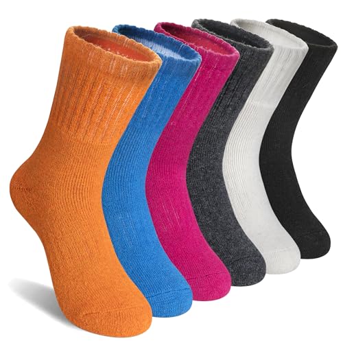 AMENLAN Kids Merino Wool Hiking Socks Boy Girls Winter Thick Boot Cushion Warm Thermal Crew Socks 6 Pairs (Solid Color,13-15 Years)