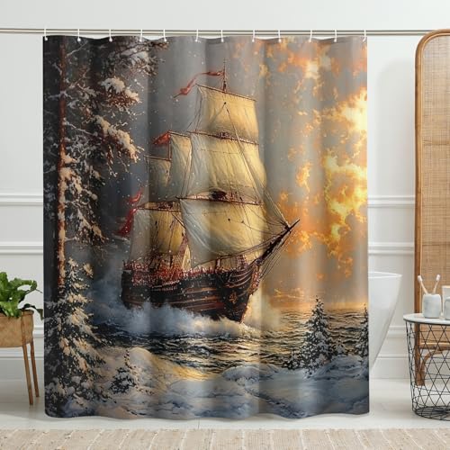 Rideau de douche motif bateau à voile, rideau de douche artistique nautique pour décoration de salle de bain, ensemble de rideau de douche en tissu...