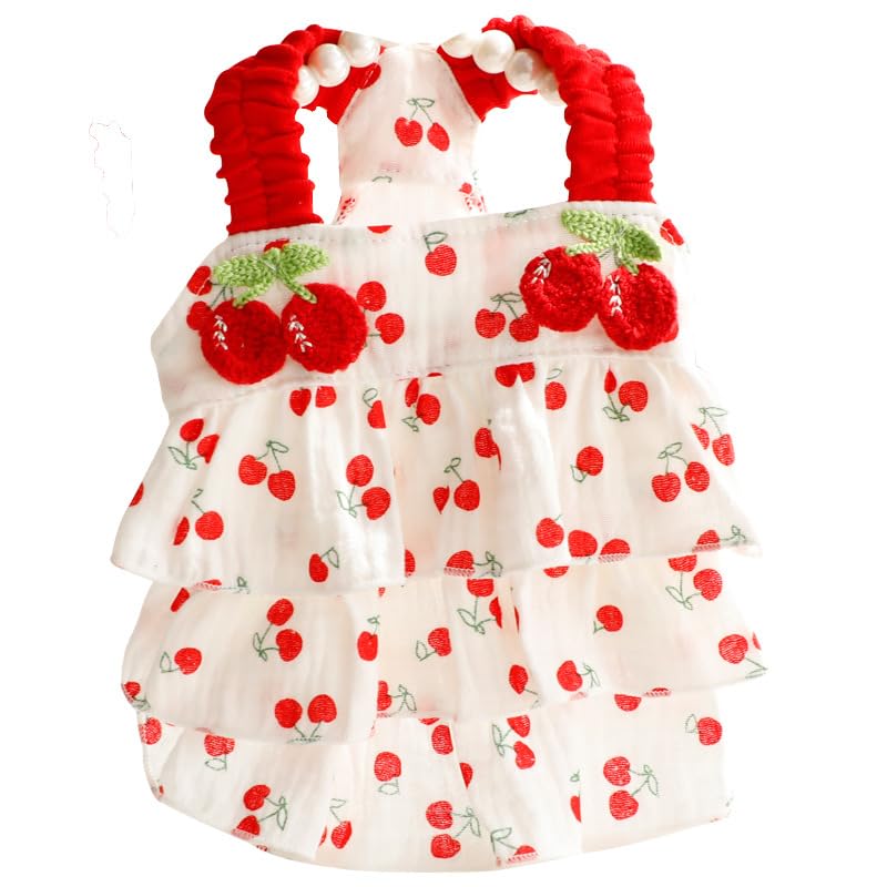 AZA Dog Princess Dresses for Small Dogs Clothes Cherry Costume Pet Suspenders Girl Cat Cute Lace Coat Floral Outfits Summer Costumes (XS,Cherry)