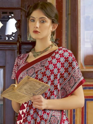 Image of SAREE MALL Women's Ajrkh Print Satin Crepe Polka Dot Printed Saree With Unstitched Blouse Piece