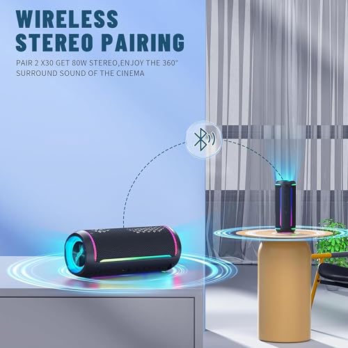 Image of Ortizan X30 Portable Bluetooth Speaker (3rd Gen) - 40W Loud Bass for Pool Parties & Outdoor Adventures, IPX7 Waterproof, 30-Hour Battery, Beat-Synced LED Lights, Wireless Stereo Pairing, Black