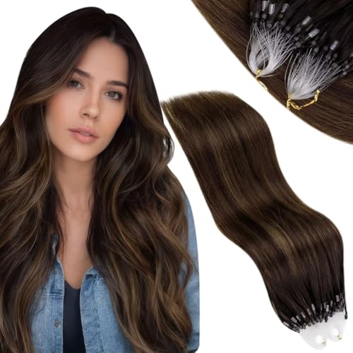 Vivien Micro Beads Human Hair Extensions balayage Brown Micro Link Hair Extensions Remy Human Hair Darkest Brown Mixed Light Brown Micro Loop Hair Extensions Silky Straight 18inch #2/8/2 50g 50s
