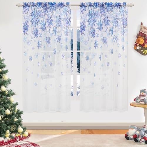 Christmas Sheer Curtains, Christmas White Curtain Blue Snowflake Sheer Curtain