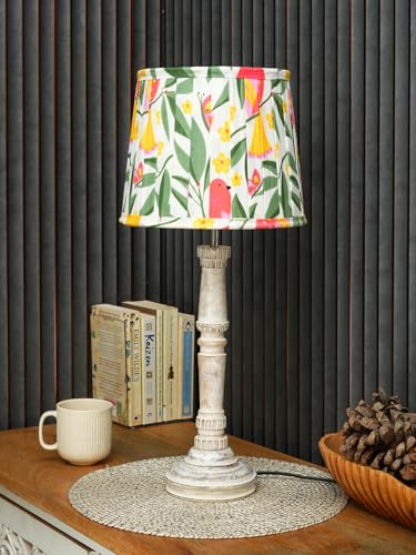 Image of Green Girgit Wooden Distress White Empire Lamp with Pleeted Multicolor Yellow Leaves Lamp Shade