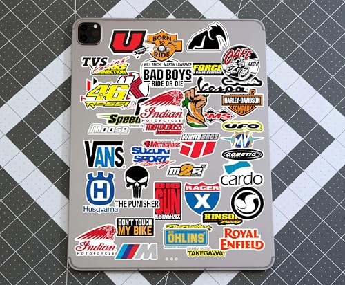 Image of WallDesign Ultimate Motorcycle Racing Stickers (Collection of 54) - Glossy Laminated Vinyl Decals - Scratchproof & Weatherproof Self-Adhesive Graphics for Helmets, Laptops, Bikes & Gifting, 2.5 Inch