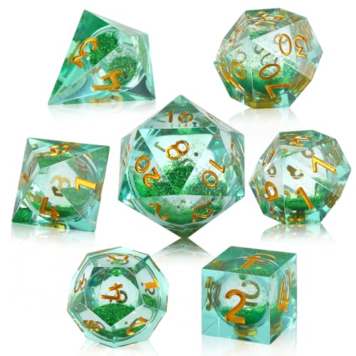 Liquid Core DND Dice Set 7Pcs Sharp Edge Polyhedral Resin D&D Dice for Dungeons and Dragons RPG MTG Table Games,Role Playing Dice Set D20, D12, D10, D%, D8, D6, D4 (Liquid Quicksand Green)