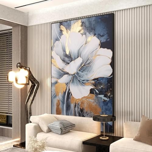 Peinture abstraite bleue fleur pour salon chic cadre noir MOBYAT