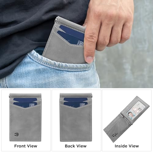 Image of Bryker Hyde RFID Blocking Slim Minimalist ID Inside Front Pocket Wallet, Premium Full Grain Leather, Money Clip, 9 card Slots, Leather (Slate Gray)