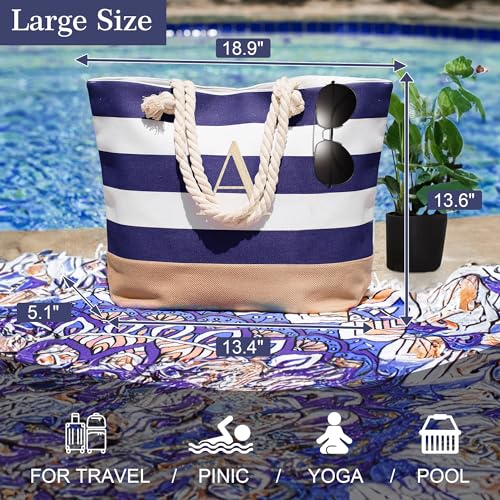 YOOLIFE Initial Canvas Waterproof Beach Tote Bag Zipper Personalized Gifts for Women Her Birthday Travel Beach Essential3
