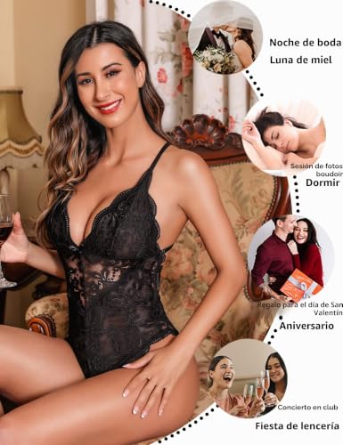 Miniatura 4 de Aranmei Body Sexy Con Entrepierna A Presión Para Mujer, Lencería De Encaje De Una Pieza, Negro, M