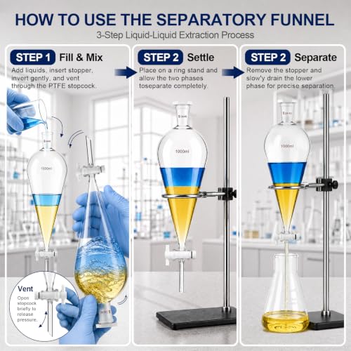 Image of Tellegloww 1000 ml Heavy Wall Conical Separating Funnel Borosilicate Glass | Separatory Funnel, 24 /40 Taper Joint, Ptfe Stopcock, Liquid Extraction, Essential Chemistry Lab Glassware