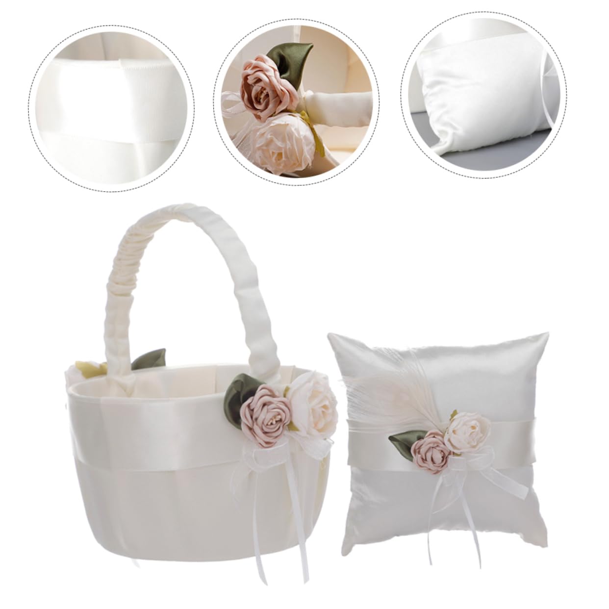 Dekoratives Ringkissen Hochzeit 1 Satz aus Satin in Weiß | Blumenkorb Form, für Verlobungsfeiern, Zarte Romantische Optik, 2 Stück