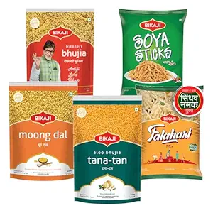 Bikaji Snacks Combo – SOYA STICKS & BHUJIA & TANA-TAN (Aloo Bhujia) & FALHARI MIX & Moong Dal | 5 Pack Variety | Bar Snacks, Party Mix & Tea-Time Treats – 1000g