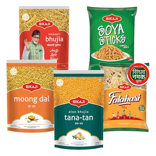 Bikaji Snacks Combo – SOYA STICKS & BHUJIA & TANA-TAN (Aloo Bhujia) & FALHARI MIX & Moong Dal | 5 Pack Variety | Bar Snacks, Party Mix & Tea-Time Treats – 1000g