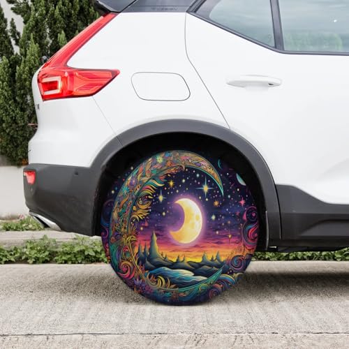 Image of Spare Tire Cover for RV Trailer, Bohemian Moon Tire Covers Universal Fit for Travel Trailer Camper Jeep RV SUV Truck Waterproof Wheel Cover (14 inch for Diameter 25 inch - 27 inch)