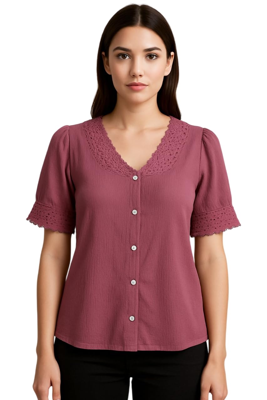 shahveer creation Women's Lace Trim Blouse, Square Neck, Button-Front, Short Sleeves-picture-4