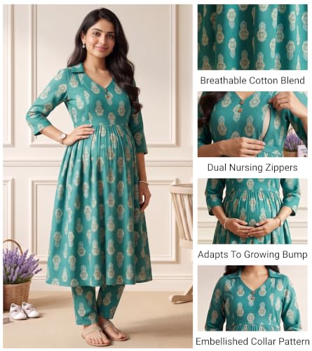 Image of DUMMY SHAPE Maternity Dresses for Women Cotton | Floral Kurta Pant Dupatta Set with Nursing Zippers, Side Pocket | Pre & Post Pregnancy | Feeding Kurti Suit | Baby Shower | Gifts for Pregnant Woman