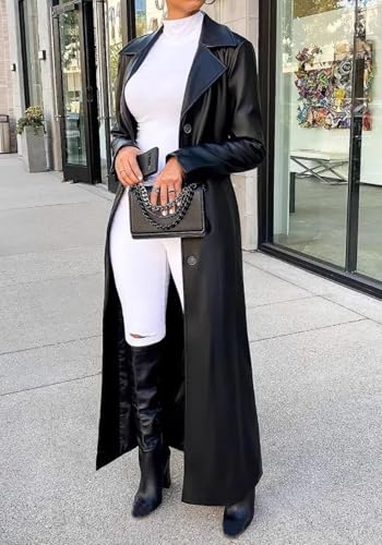 Tcremisa Womens Long Leather Jacket Long Sleeve Single Breasted Faux Leather Trench Coat Mid Length Motorcycle Coats3