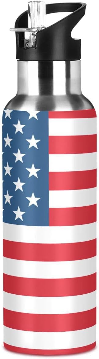 ALAZA American Flag Striped Water Bottle with Straw Lid Insulated Stainless Steel Travel Water Flask Leakproof Bottle for Women Men