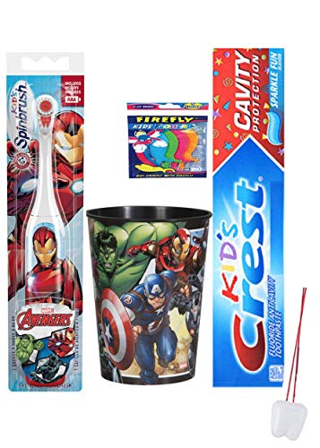 Marvel Avengers Turbo Powered Spin Toothbrush, Kids Toothpaste, Avengers Mouthwash Rinse Cup Bundle Plus Bonus Flossers and Tooth Necklace