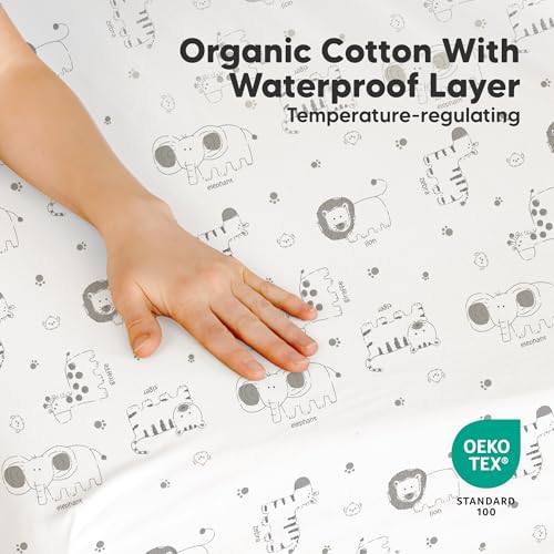 Image of 2 Pack and Play Sheets, Waterproof Mini Crib Sheets Fitted - 38x26 Organic Cotton Pack N Play Sheets for Graco Pack and Play Mattress, Playard Baby Crib Sheets,Neutral for Boy,Girl,Toddler(KeaSafari)