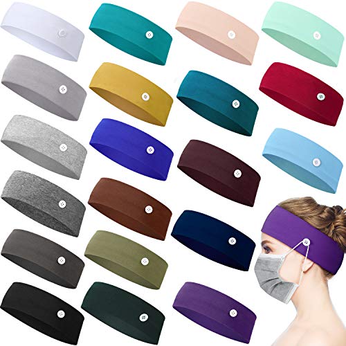 20 Pieces Elastic Button Headband, Cotton Stretch Sport Headband Yoga Workout Running Turban Multicolor Ear Protection Holder for Men Women (Assorted Colors,Large)