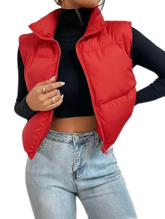 Cropped Puffer Vest Stand Collar Sleeveless Zip-Up Quilted Jacket for Women | Red-image-13