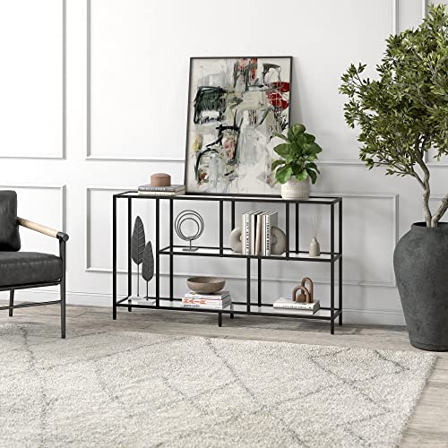 Image of Henn&Hart 52 inch Wide Rectangular Console Table with Glass Shelves in Blackened Bronze, for Home Office, Living Room
