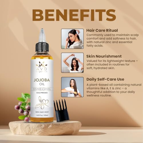 Image of AVD ORGANICS Jojoba Oil for Hair (120ml Large) - Natural Cold-Pressed Unrefined Hexane Free huile de jojoba for Hair, Face, Scalp, Nails & Cuticles | Carrier Oil - 4.05 fl oz