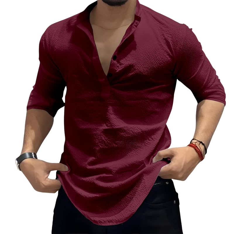 miramichi Men Cotton Blend Kurta Style Casual Shirt Full Sleeve Self Design Hip Length Regular Fit Comfortable Top for Office College Casual Use Men-picture-11