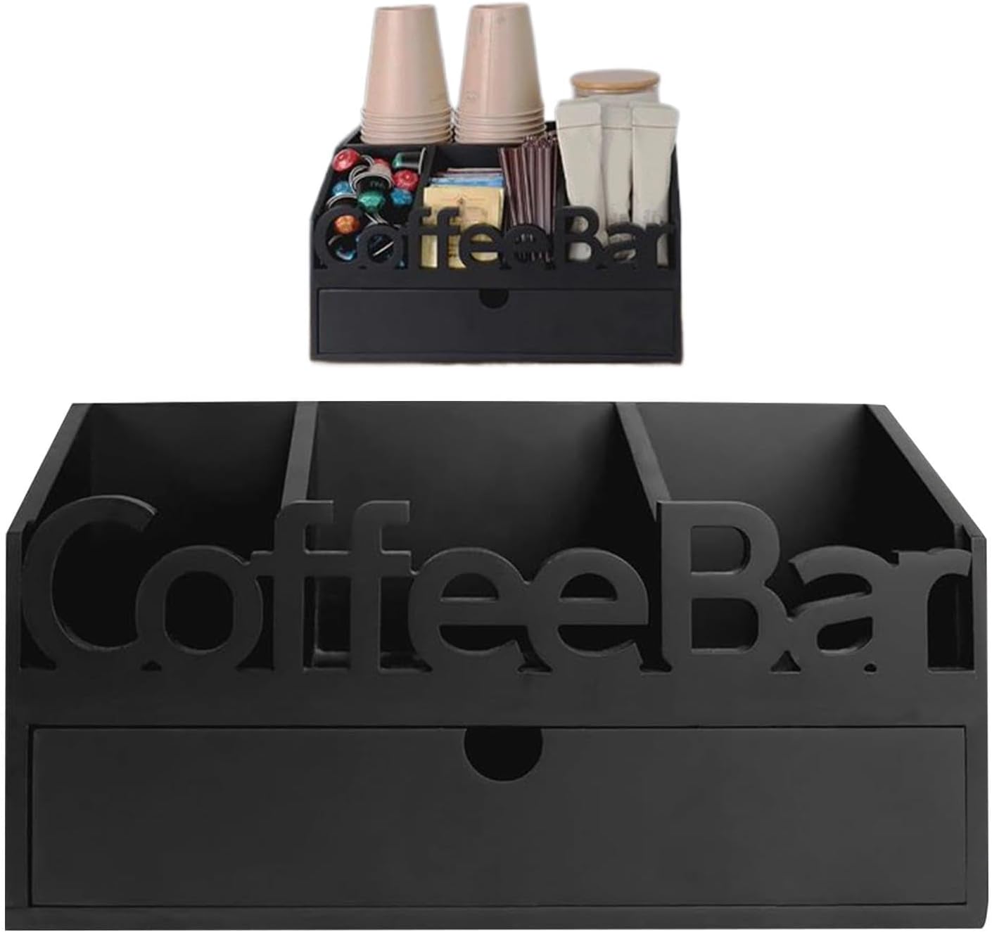 Wooden Coffee Station, Large Pod Holder and Syrup Organizer for Kitchen Countertop with Drawer, Rustic Solid Wood Texture Feature, Space Saving Storage Aid, Tea Stirrer Cup Tray Universal Size
