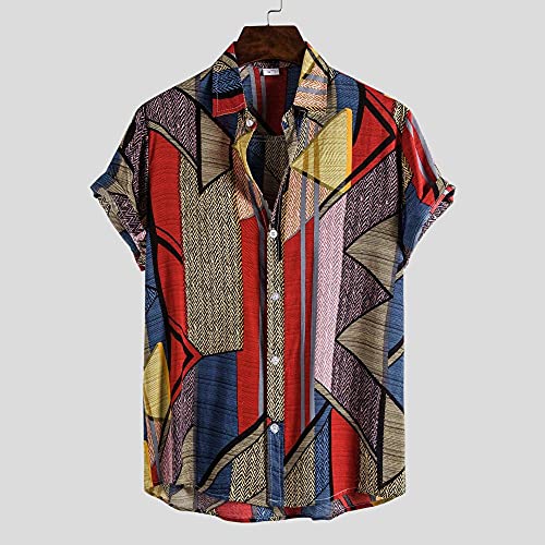 Chemise rétro en coton géométrique rouge avec boutons robustes pour homme chic