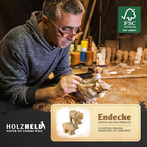 HOLZHELD hochwertiges Schnitzwerkzeug (24 teil.) inkl. 32 S. Anleitung 4 Vorlagen u dt. Schnitzholz zum Schnitzen. Schnitzset S Holzbearbeitungswerkzeug