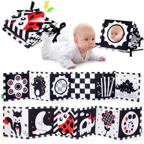 Image of Cawgug Black and White High Contrast Baby Toys for Newborn Brain Development Tummy Time Soft Book Babies 0-3 6-12 Months Montessori Learning Activities Infant and Sensory Visual Stimulation Toys